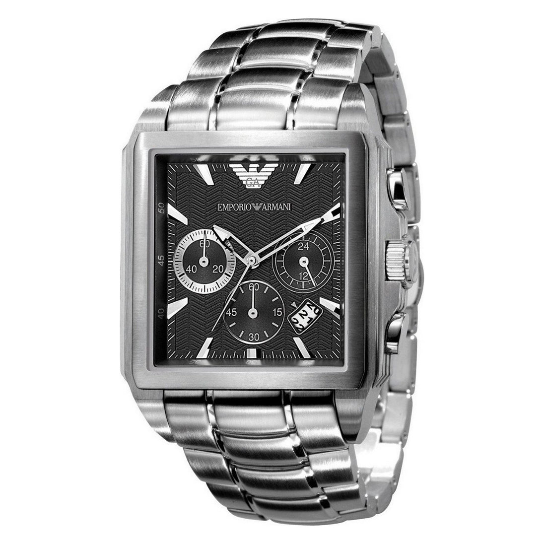 Montre chronographe carrée Emporio Armani pour homme, en acier brossé, avec cadran noir texturé et sous-cadrans détaillés, Maison Mercier.