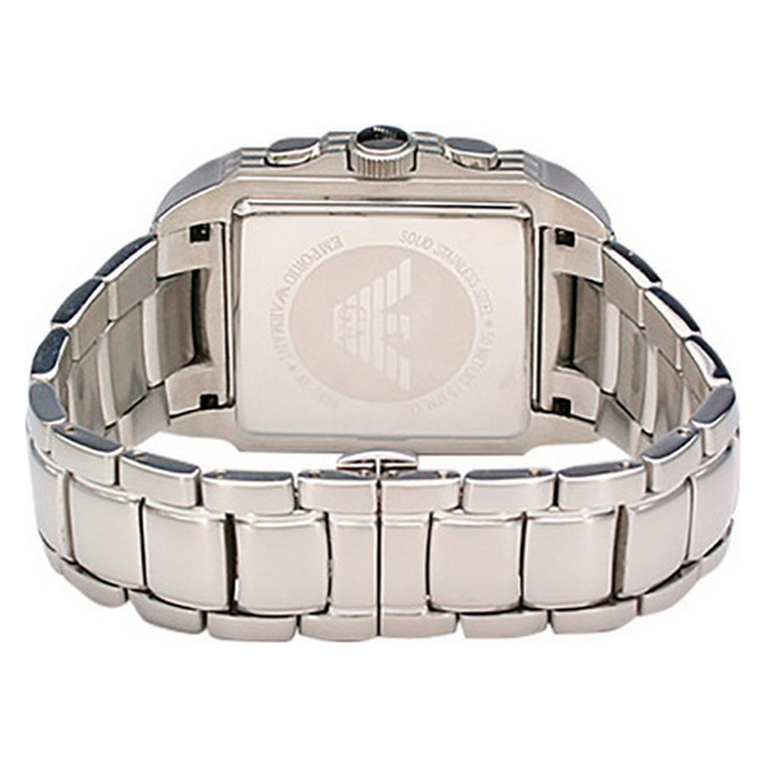 Vue arrière de la montre chronographe carrée Emporio Armani, affichant le fond de boîtier en acier inoxydable gravé du logo et des informations techniques, Maison Mercier.