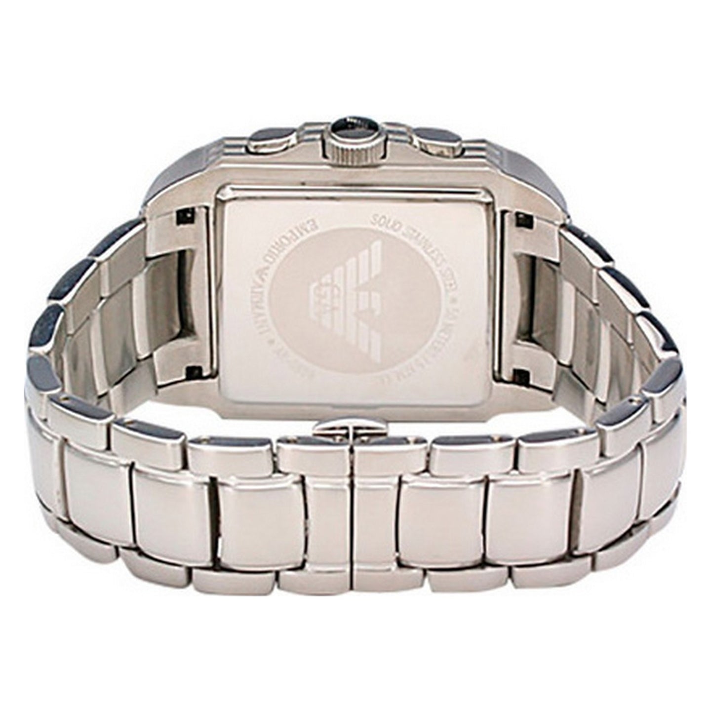 Vue arrière de la montre chronographe carrée Emporio Armani, affichant le fond de boîtier en acier inoxydable gravé du logo et des informations techniques, Maison Mercier.