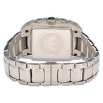 Vue arrière de la montre chronographe carrée Emporio Armani, affichant le fond de boîtier en acier inoxydable gravé du logo et des informations techniques, Maison Mercier.