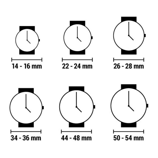 Guide des tailles de montres, illustrant les diamètres de boîtier de 14-16 mm à 50-54 mm pour un choix précis, Maison Mercier.