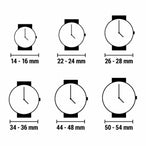 Guide des tailles pour montres, illustrant les diamètres de boîtier de 14 mm à 54 mm pour un ajustement optimal.