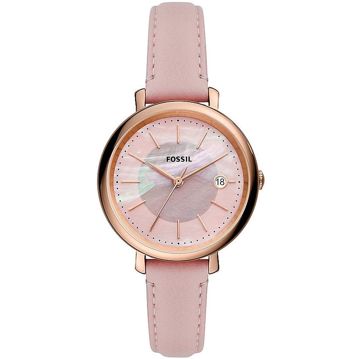 Vue détaillée de la Montre Femme Fossil Jacqueline, mettant en avant le cadran en nacre rose, les index discrets et le guichet de date, Maison Mercier.
