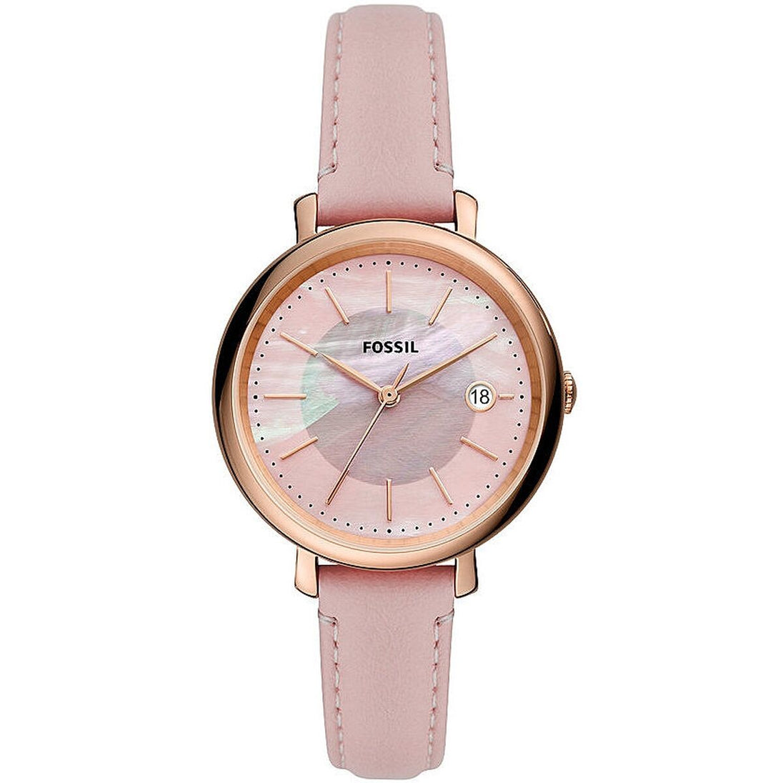 Montre Femme Fossil Jacqueline, cadran en nacre rose irisée, boîtier doré rose et bracelet en cuir rose pâle, Maison Mercier.
