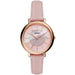 Montre Femme Fossil Jacqueline, cadran en nacre rose irisée, boîtier doré rose et bracelet en cuir rose pâle, Maison Mercier.