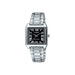 Montre rectangulaire Casio pour femme, bracelet en acier brossé et poli, détail du cadran noir et de la couronne.