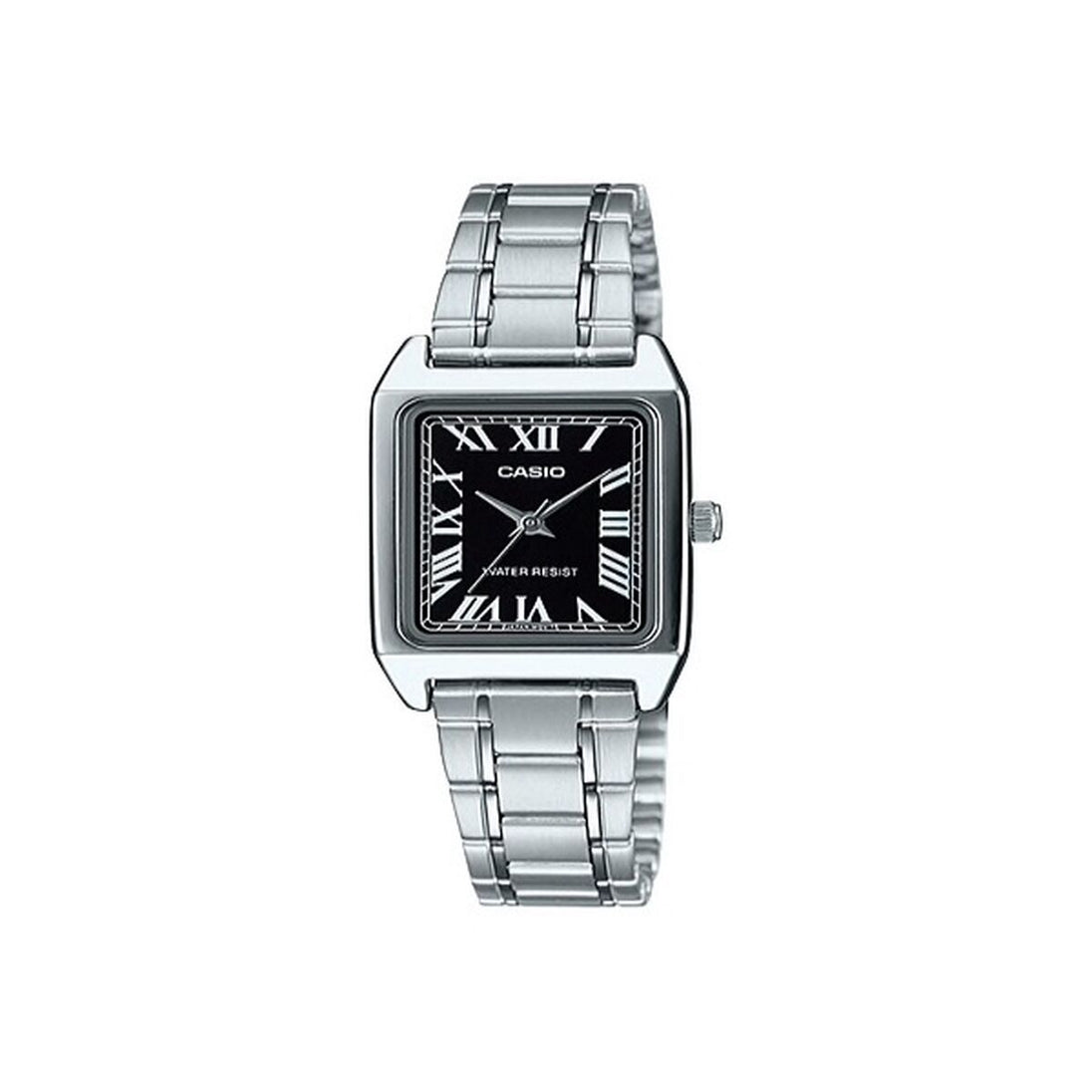 Montre rectangulaire Casio pour femme en acier inoxydable poli, cadran noir orné de chiffres romains, vue de face.