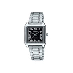 Montre rectangulaire Casio pour femme en acier inoxydable poli, cadran noir orné de chiffres romains, vue de face.