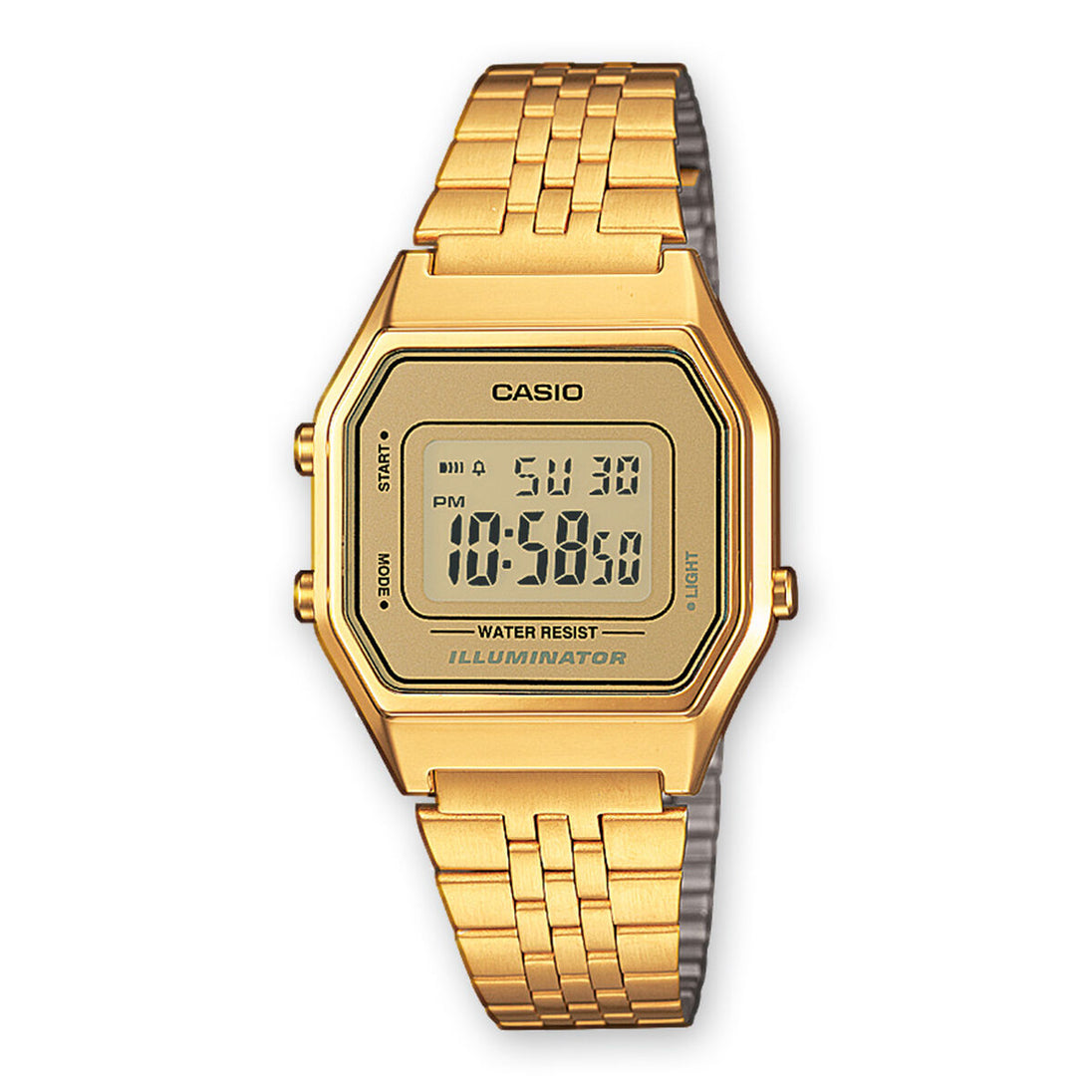Détail d'une montre digitale Casio dorée, boîtier octogonal et bracelet en acier inoxydable, Maison Mercier.