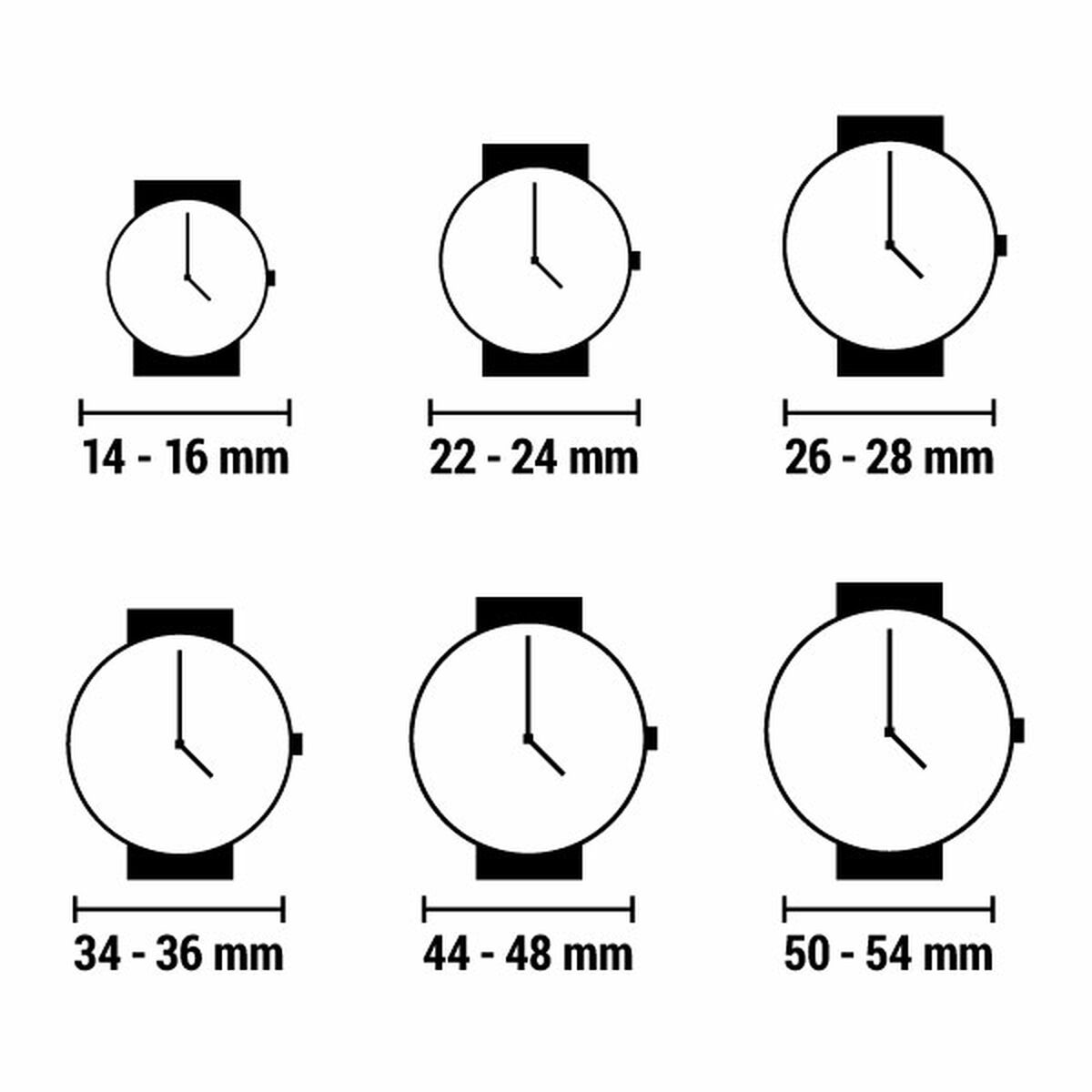 Guide des tailles de montres, illustrant des diamètres de boîtier allant de 14-16 mm à 50-54 mm, pour une sélection précise, Maison Mercier.