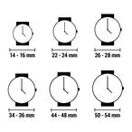 Guide des tailles de montres, illustrant des diamètres de boîtier de 14-16 mm à 50-54 mm pour une référence visuelle.
