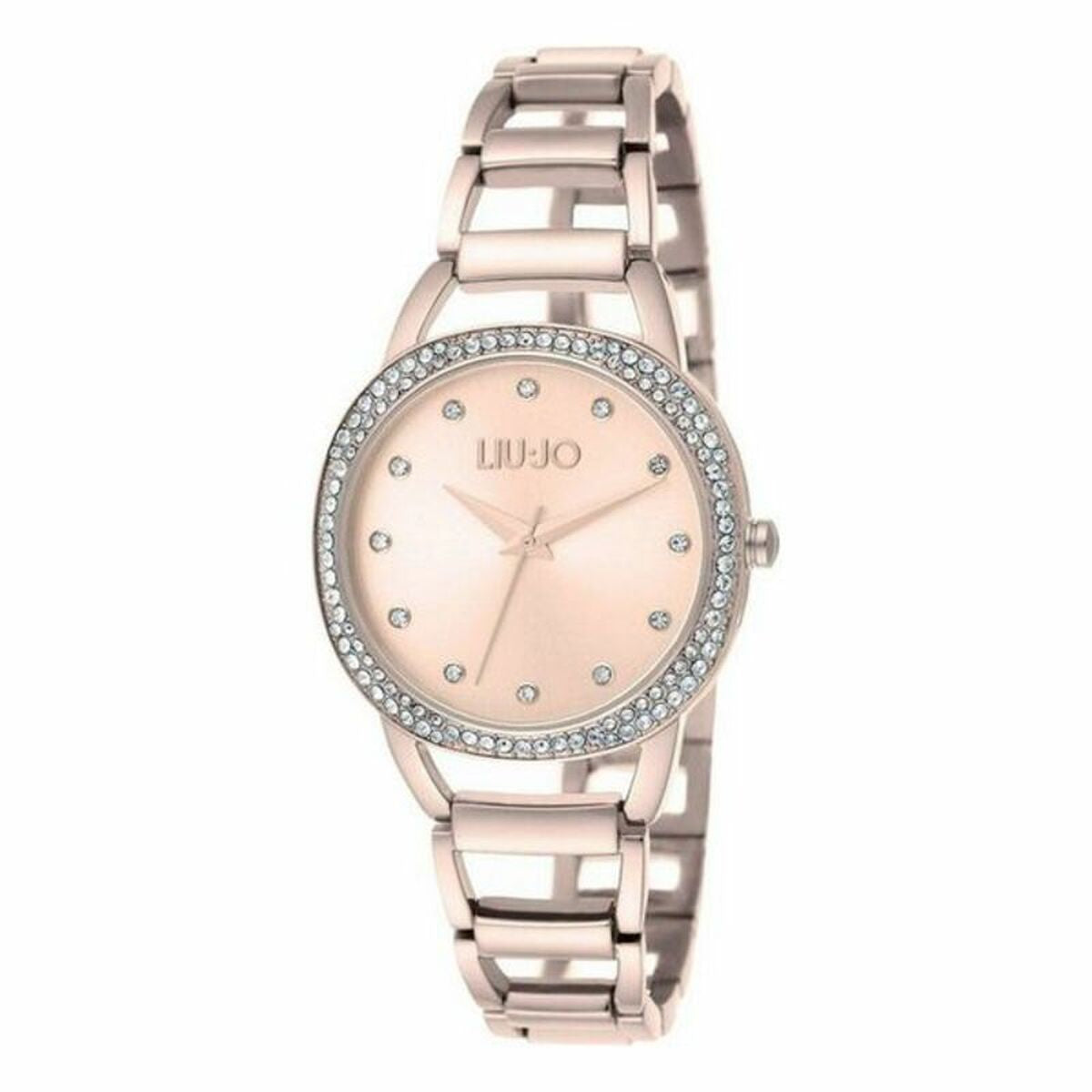 Détail d'une montre femme Liu Jo en acier poli rose doré, lunette ornée de cristaux scintillants, Maison Mercier.