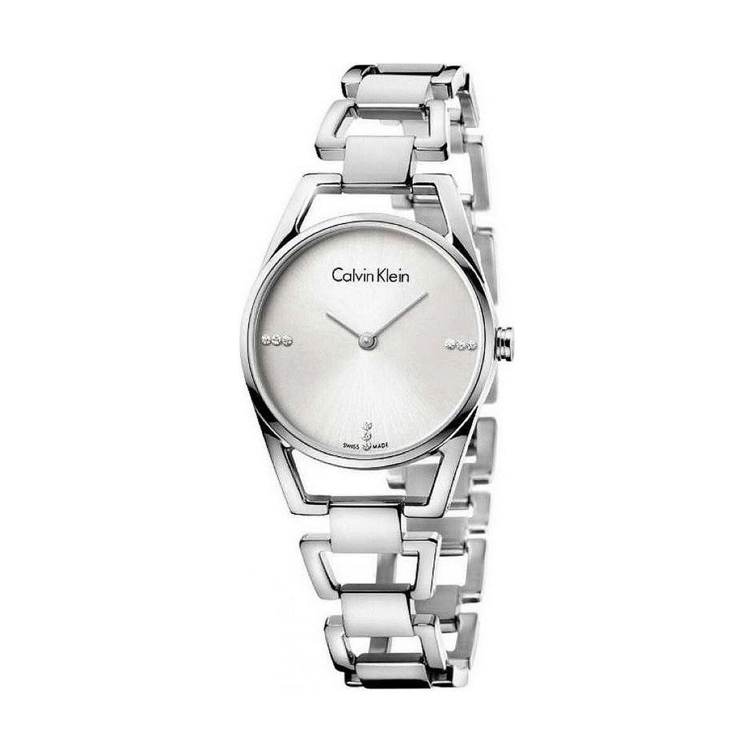 Montre femme Calvin Klein Dainty en acier poli argenté, cadran nacre blanc et cristaux éclatants, sur fond blanc pur, Maison Mercier.