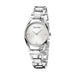 Montre femme Calvin Klein Dainty en acier poli argenté, cadran nacre blanc et cristaux, portée élégamment au poignet d'une femme, Maison Mercier.