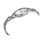 Montre femme Calvin Klein Dainty en acier poli argenté, cadran nacre blanc et cristaux éclatants, sur fond blanc pur, Maison Mercier.