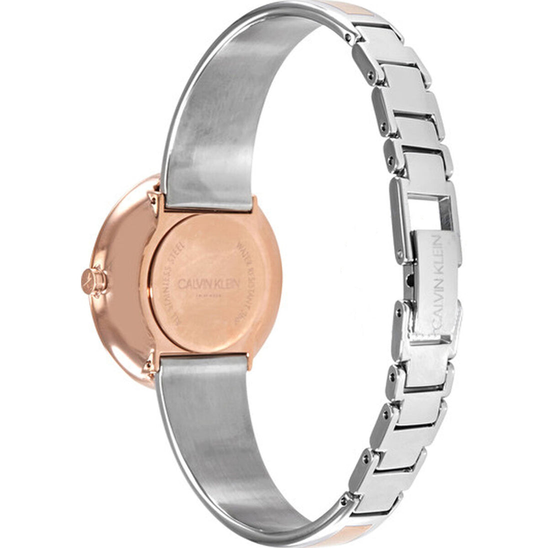 Accessoire de mode Calvin Klein, montre bicolore en acier et or rose, parfaite pour un style chic et contemporain.