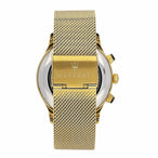 Montre chronographe Maserati pour homme en acier doré, cadran noir profond et bracelet maille milanaise, affichant l'heure et les compteurs de précision, Maison Mercier.