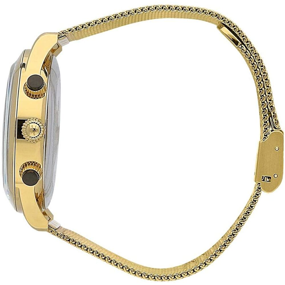 Montre chronographe Maserati pour homme en acier doré, cadran noir profond et bracelet maille milanaise, affichant l'heure et les compteurs de précision, Maison Mercier.