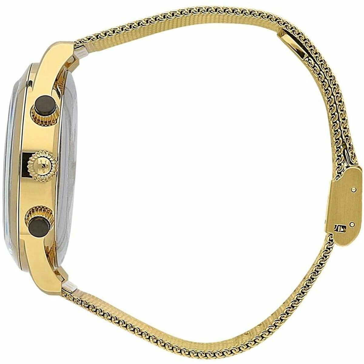 Montre chronographe Maserati pour homme en acier doré, cadran noir profond et bracelet maille milanaise, affichant l'heure et les compteurs de précision, Maison Mercier.