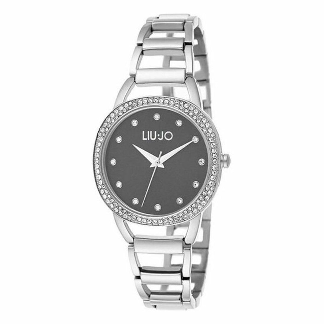 Montre femme Liu Jo en acier poli argenté, cadran anthracite et lunette sertie de cristaux, Maison Mercier.