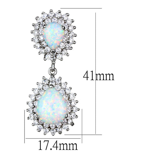 Boucle d'oreille pendante en argent rhodié, opale poire et zircons, avec dimensions précises (41mm x 17.4mm).