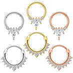 Assortiment de six piercings clicker septum, daith et hélix en acier chirurgical, présentant deux designs distincts ornés de zircons ronds et marquise, déclinés en finitions argentée, dorée et or rose, Maison Mercier.