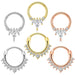 Assortiment de six piercings clicker septum, daith et hélix en acier chirurgical, présentant deux designs distincts ornés de zircons ronds et marquise, déclinés en finitions argentée, dorée et or rose, Maison Mercier.