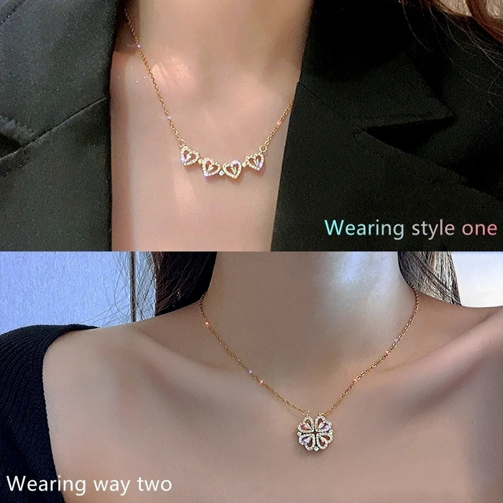 Collier pendentif transformable cœurs trèfle en acier doré et zirconia, présenté ouvert en ligne de cœurs et fermé en trèfle, sur fond bleu profond, Maison Mercier.