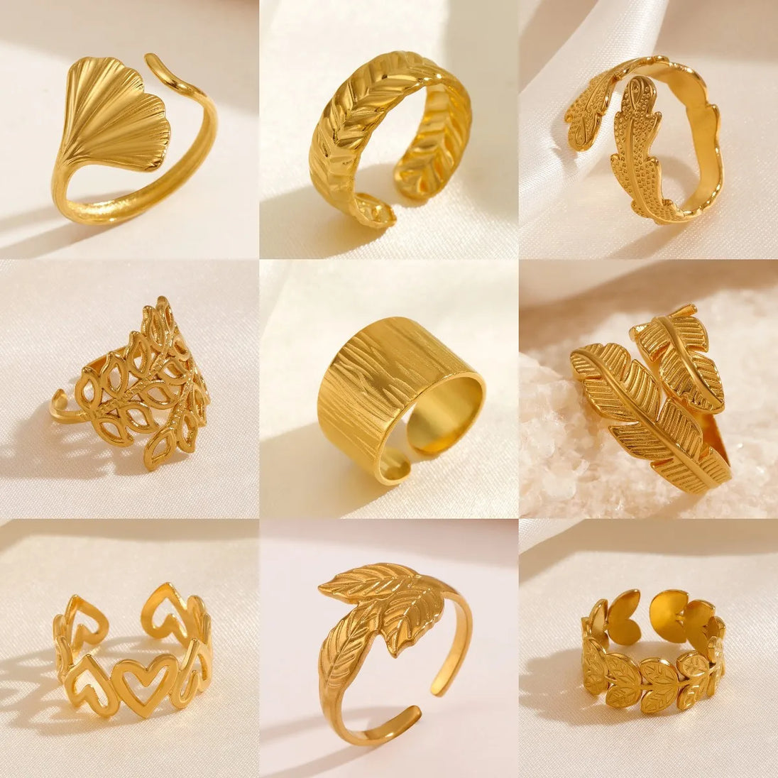 Bague ajustable à motif de branche feuillue délicate en acier inoxydable doré, Maison Mercier.