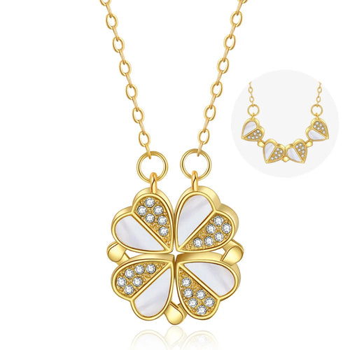 Collier pendentif transformable cœurs trèfle en acier doré et zirconia, présenté ouvert en ligne de cœurs et fermé en trèfle, sur fond bleu profond, Maison Mercier.