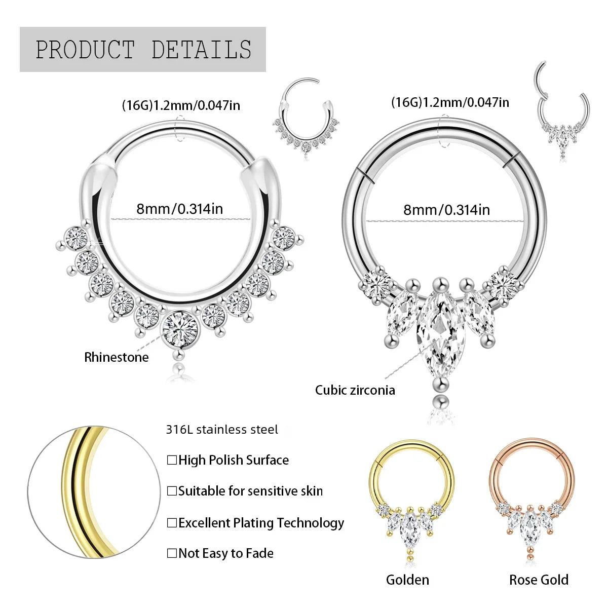Gros plan sur un piercing clicker septum en acier chirurgical doré orné de zircons taille marquise, avec un détail de goutte scintillante, Maison Mercier.