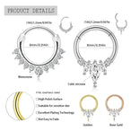 Gros plan sur un piercing clicker septum en acier chirurgical doré orné de zircons taille marquise, avec un détail de goutte scintillante, Maison Mercier.