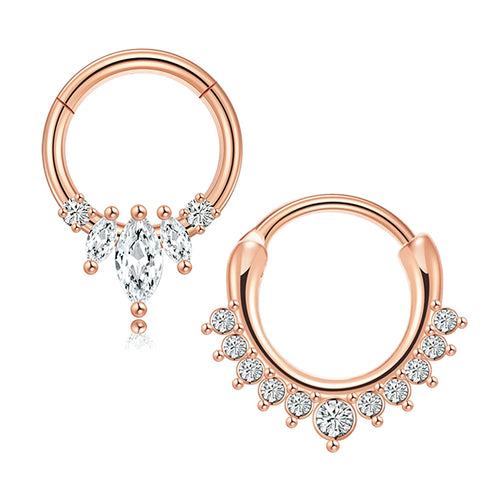 Infographie détaillée des piercings clicker septum en acier chirurgical 316L, montrant les dimensions (16G, 1.2mm, 8mm), les matériaux (rhinestone, cubic zirconia) et les finitions (golden, rose gold), Maison Mercier.