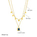 Collier double chaîne doré en acier inoxydable, la première ornée de petites étoiles et la seconde d'un pendentif rectangulaire bleu serti de zircons, avec indications de dimensions (40+5cm, 45+5cm, 1.1cm*1.3cm) et poids (12g).