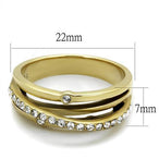 Vue latérale d'une bague entrelacée en acier doré avec cristaux, montrant les dimensions (22mm de diamètre, 7mm de largeur) sur fond blanc, Maison Mercier.
