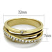 Vue latérale d'une bague entrelacée en acier doré avec cristaux, montrant les dimensions (22mm de diamètre, 7mm de largeur) sur fond blanc, Maison Mercier.