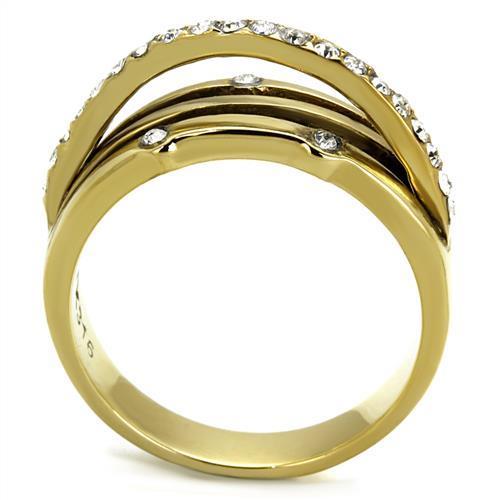 Vue arrière d'une bague entrelacée en acier doré avec cristaux, révélant la gravure '316' et la finition polie, Maison Mercier.