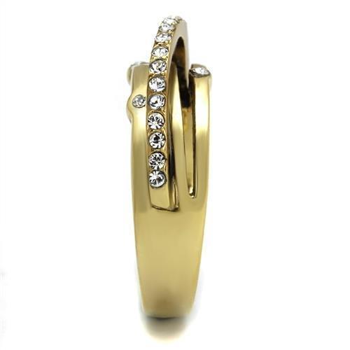 Bague entrelacée femme en acier inoxydable doré, ornée de multiples cristaux scintillants, vue de face, Maison Mercier.