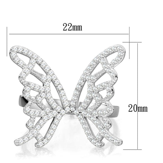 Vue de la bague papillon en argent rhodié avec ses dimensions précises : 22mm de largeur et 20mm de hauteur, Maison Mercier.