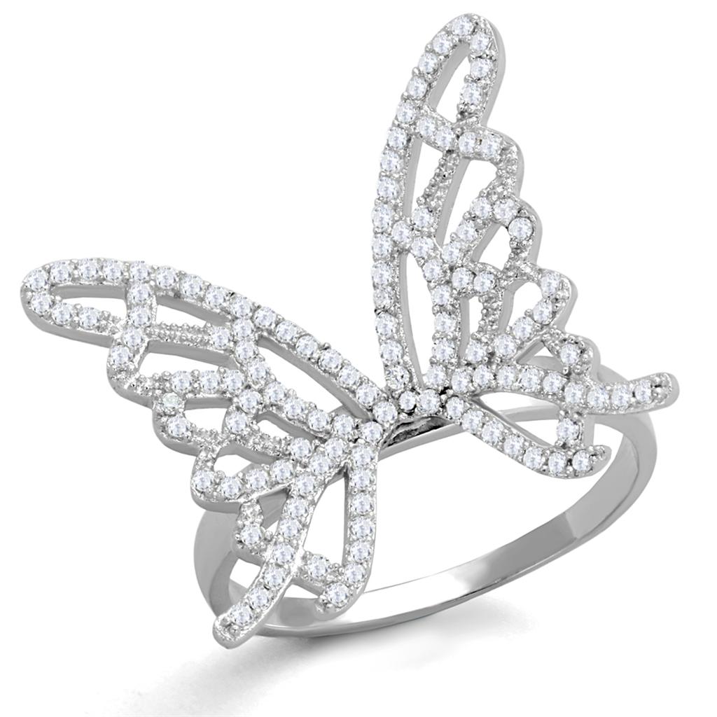 Détail d'une bague papillon en argent rhodié ornée de zircons scintillants, Maison Mercier.