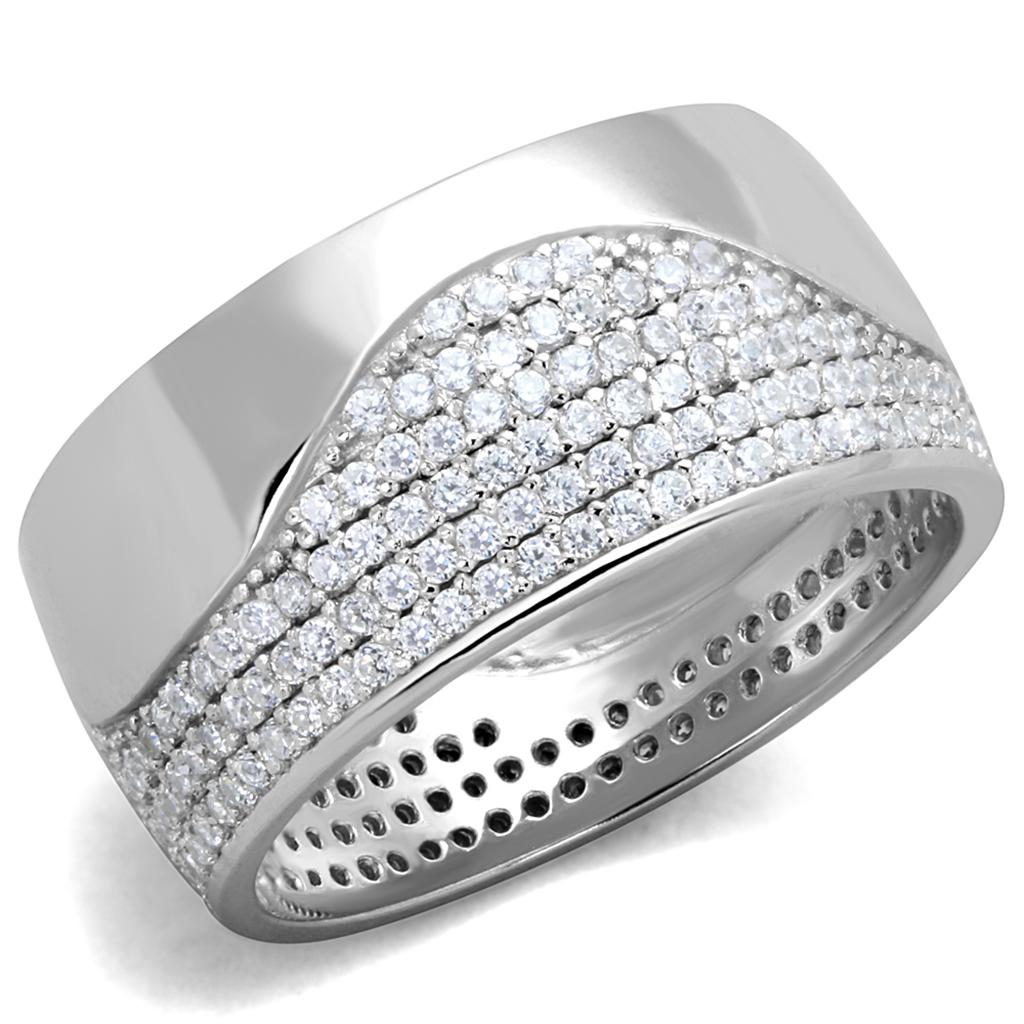 Vue de face d'une bague bande large en argent massif rhodié, ornée d'un pavage ondulant de zircons scintillants, Maison Mercier.