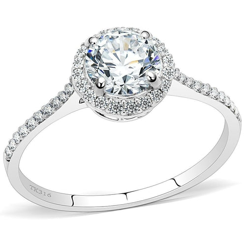 Détail d'une bague solitaire halo en acier chirurgical TK316 poli, ornée d'une zircone centrale et de petites pierres scintillantes sur l'anneau, Maison Mercier.