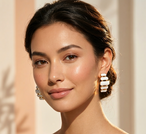 Détail d'une paire de boucles d'oreilles pendantes à maillons oblongs émaillés blanc pur, finition or précieux, sur fond noir scintillant, Maison Mercier.
