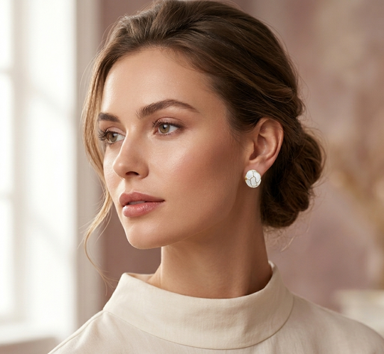 Portrait d'une femme élégante portant une boucle d'oreille puce ronde en émail blanc et motifs dorés, mettant en valeur le bijou et son style raffiné, Maison Mercier.