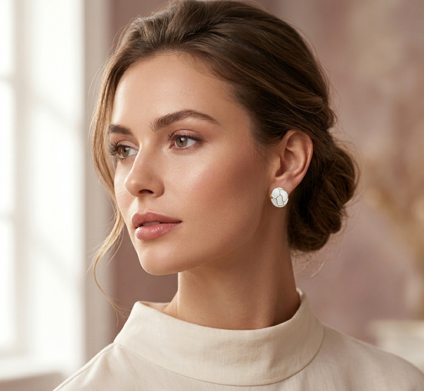 Portrait d'une femme élégante portant une boucle d'oreille puce ronde en émail blanc et motifs dorés, mettant en valeur le bijou et son style raffiné, Maison Mercier.