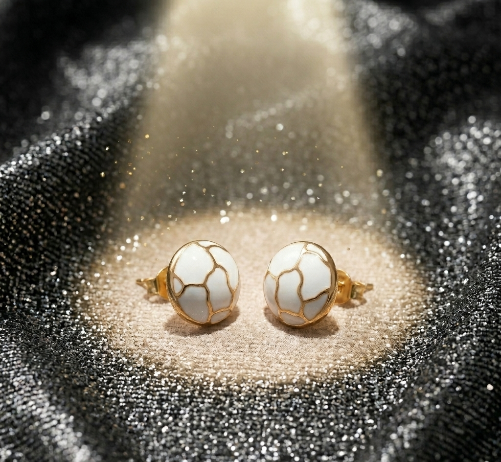 Détail d'une paire de boucles d'oreilles puces rondes en émail blanc et motifs dorés, posées sur un drapé de soie rose pâle, Maison Mercier.