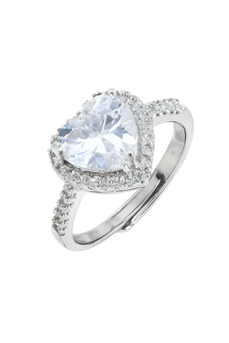 Détail d'une bague solitaire cœur en argent massif 925, ornée d'un zircon cubique central et d'un halo pavé scintillant, Maison Mercier.