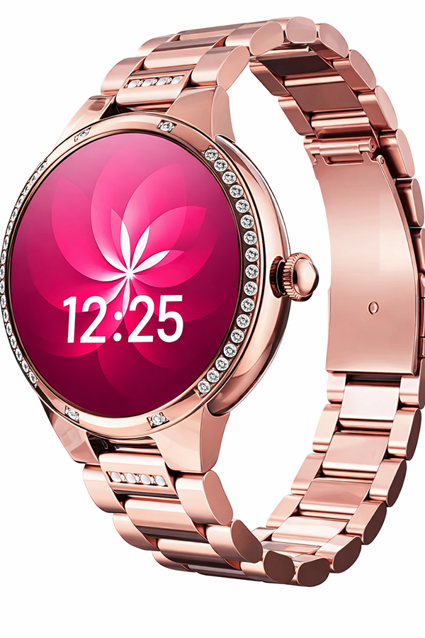 Détail d'une montre femme en or rose poli, cadran fuchsia et cristaux, Maison Mercier.