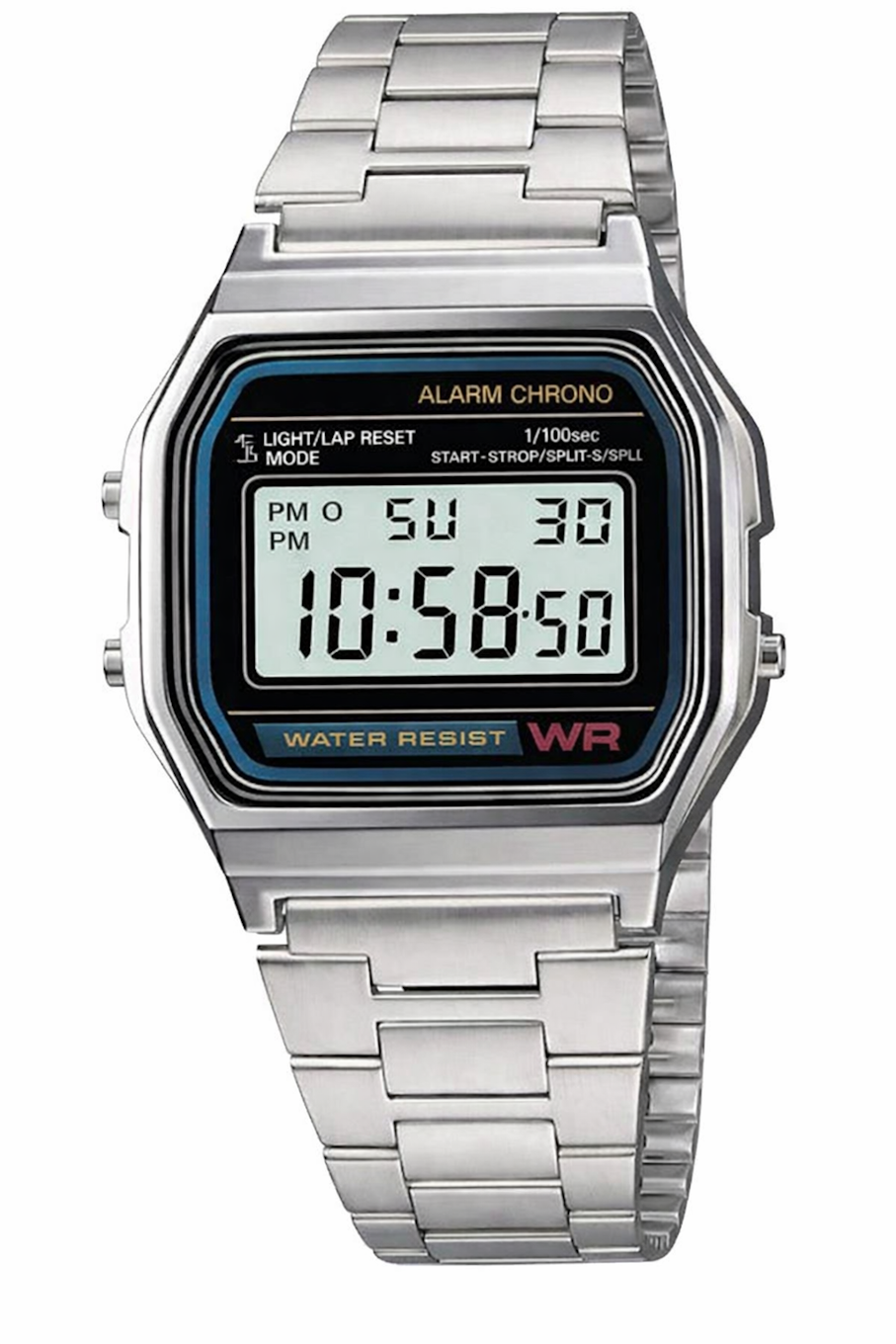 Détail d'une montre digitale rétro en acier inoxydable poli, cadran lumineux, Maison Mercier.