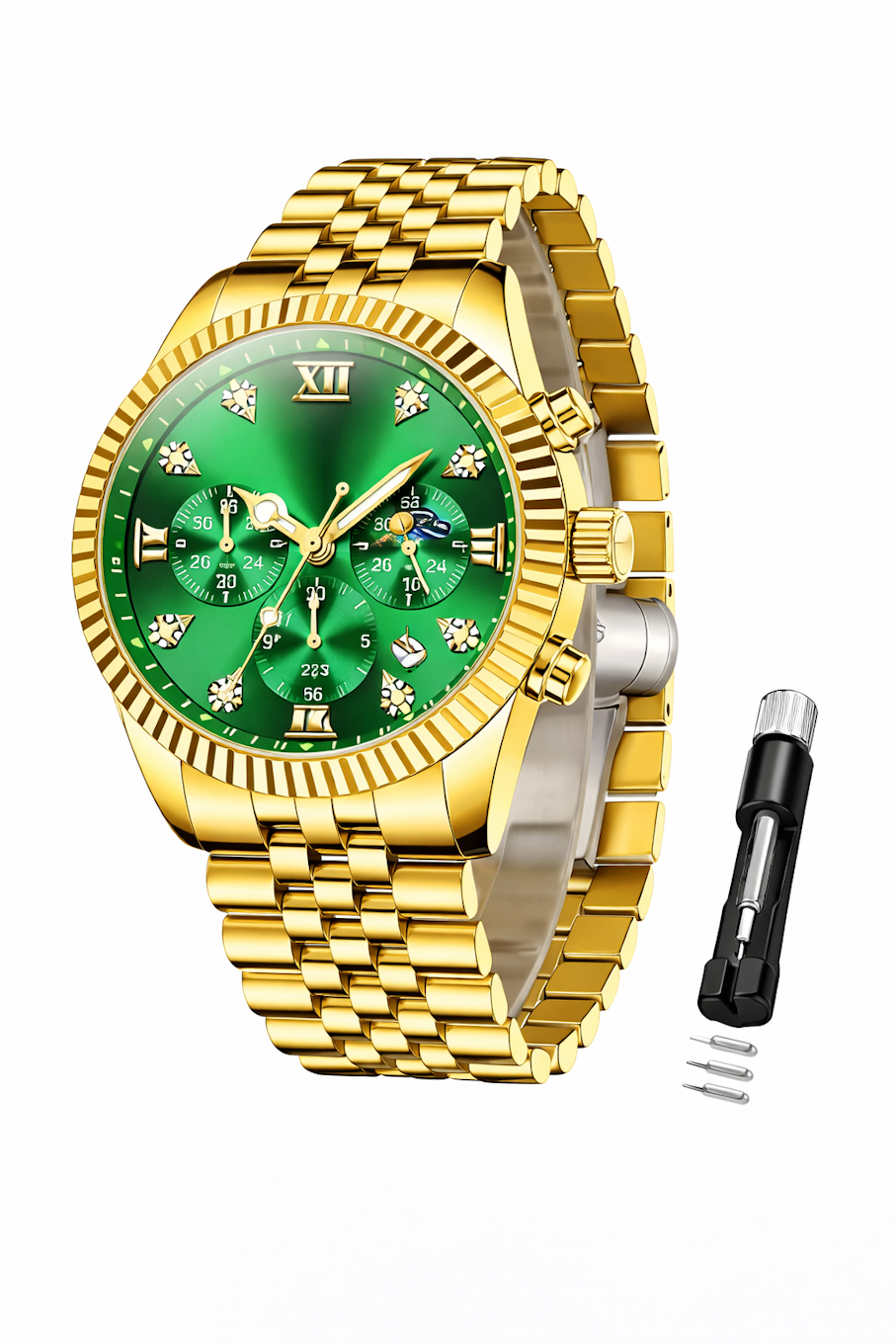 Détail d'une montre chronographe dorée au cadran vert émeraude, bracelet jubilé, Maison Mercier.